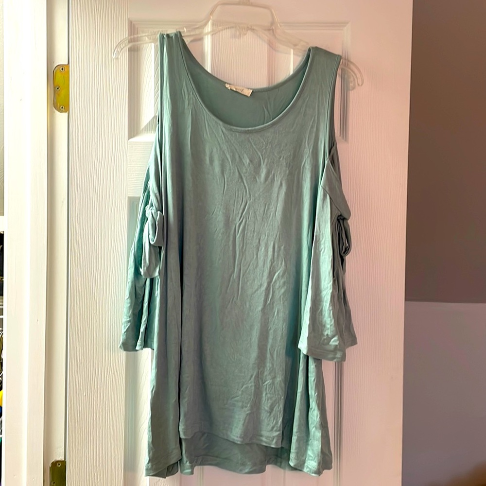 Cold shoulder sage green top with ties on the sleeves